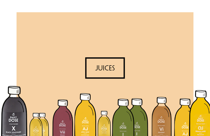 Cold pressed juices, orange juice, apple juice, ginger shots